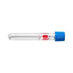 A test tube with a blue cap containing a red liquid on a transparent background