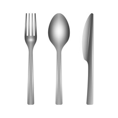 Set of metallic kitchenware on white background