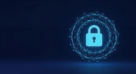 Digital security and data protection concept with a glowing padlock icon surrounded by a futuristic network of connected dots on a dark blue background, symbolizing cybersecurity and online privacy
