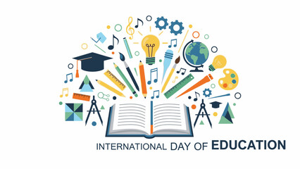 Vibrant illustration celebrating International Day of Education with colorful icons and symbols around an open book on a clean white background.