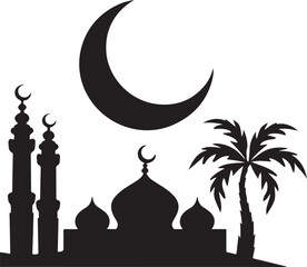 Mosque silhouette with crescent moon and palm tree vector image