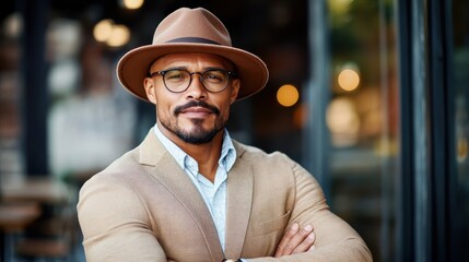 A confident man in a stylish outfit poses with a brown hat in an outdoor setting, showcasing elegance and charisma, perfect for a professional context or fashion themes.