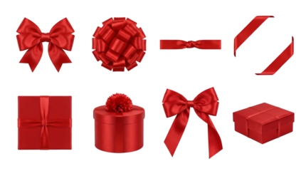 Red satin ribbon and gift box set including classic bows, pompom, corner wrap, and square packages isolated. Elegant festive packaging and celebration decor collection.