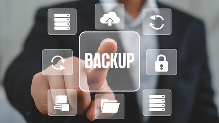 Backup storage data technology concept. Backup online documentation database and digital file storage system or software,file access, doc sharing.