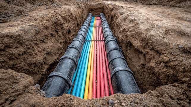 Colorful pipes installed in a trench