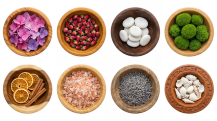 Natural spa ingredients set including bowls of flowers, salt, moss, cinnamon, orange, and lavender. Wellness and aromatherapy collection.