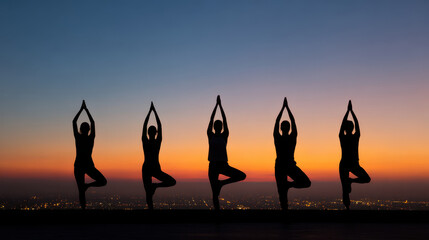 Sunset rooftop yoga silhouette of yoga group practicing tree pose on high rise with city lights below and colorful sky
