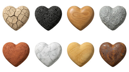 Heart shape set including cracked clay, lava rock, wood, stone, marble, sand, and rusted metal variants isolated. Conceptual materials and textures collection.