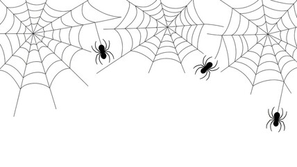 Spiders crawling on intricate black spiderwebs on white background