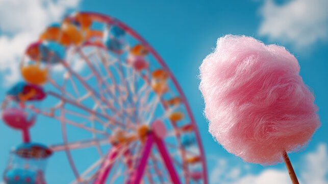 Pink cotton candy with colorful ferris wheel and blue sky background at amusement park