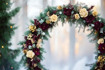 A cozy circular wedding arch filled with deep burgundy and gold flowers, mixed with pine boughs for a winter wonderland theme,