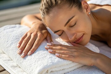 A woman is laying on a white towel with her hands on it