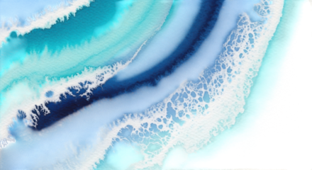 Abstract blue and turquoise resin art flowing waves with white foam texture background isolated on transparent background