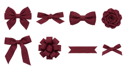 Burgundy linen ribbon set including various tied bows, rose flower, and notched banner isolated. Fabric craft and gift decoration collection.