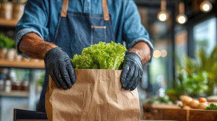 A salesperson in apron packs fresh vegetables and herbs into a paper bag for customers at his store. Delivery and pickup available.