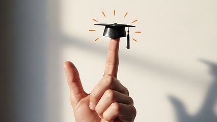 A miniature graduation cap delicately balanced on a finger, symbolizing academic achievement, future success, and the bright journey of higher education and career aspirations