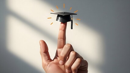 A tiny graduation cap perfectly balanced on a fingertip, symbolizing the bright future and innovative ideas born from education and academic achievement and the exciting journey ahead