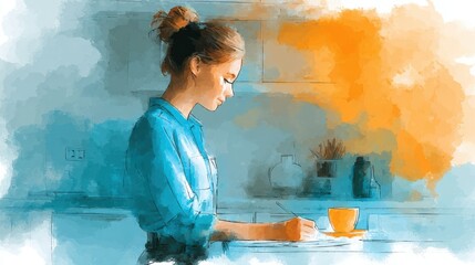 Modern business professional lifestyle office work artistic watercolor illustration of a woman writing in a cozy kitchen environment