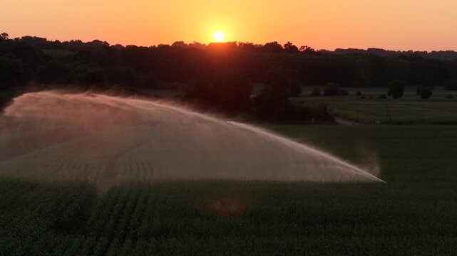 Aerial � Irrigation of a field in front of a sunset. Agriculture in a hot summer in France
