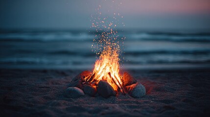 Campfire burning brightly on a sandy beach at dusk with ocean waves in the background