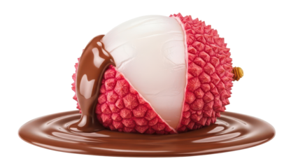 Lychee fresh pink skin in milk chocolate melted isolated realistic cutout exotic shell