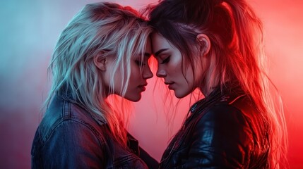In a striking emotional portrait, two women share a tender moment, their foreheads touching, illuminated by vibrant red and blue hues that convey intimacy and strong connection.