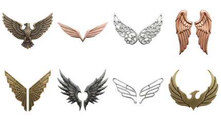 Metal wing set including eagle, phoenix, tribal, and filigree designs isolated. Decorative metallic emblems for garment accessories and badge collection.