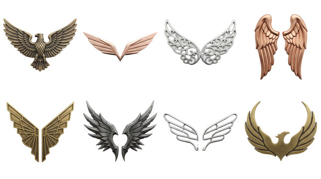 Metal wing set including eagle, phoenix, tribal, and filigree designs isolated. Decorative metallic emblems for garment accessories and badge collection.