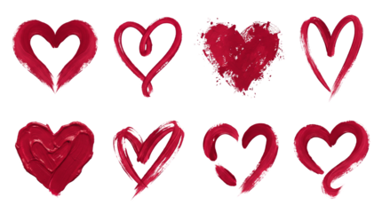 Red heart paint stroke set including textured, brushed, scribbled, and artistic variations. Romantic makeup and cosmetic lipstick smear collection for valentines day.