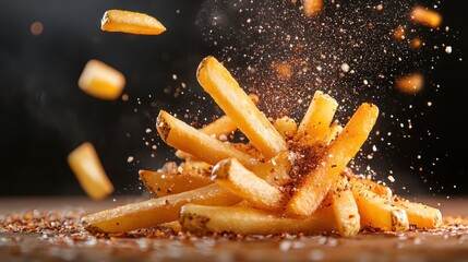 This vibrant image captures freshly made, crispy golden French fries, sprinkled with seasoning, highlighting their irresistible and appetizing appeal.