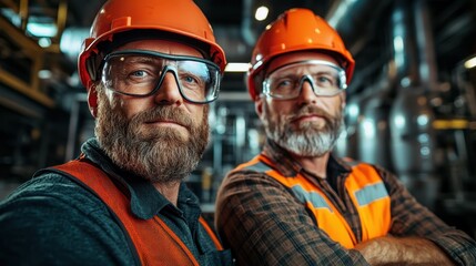 A powerful image of two confident bearded workers wearing safety gear, showcasing teamwork and professionalism in a modern industrial environment filled with machinery.