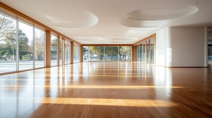 Fototapeta premium An empty, modern minimalist room flooded with natural light, showcasing clean lines and a tranquil setting ideal for yoga, meditation, or relaxation activities.