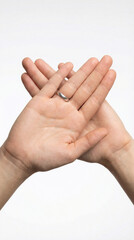 Close up studio photo of woman's hand holding making showing demonstrating giving x signal isolated white background