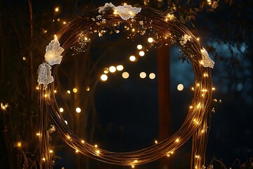 A delicate circular wedding arch made from willow branches and adorned with fairy lights and delicate lace for a charming evening affair,
