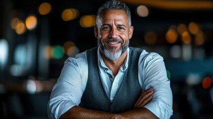 Fototapeta premium A charismatic man with a beard and gray hair poses confidently in a trendy vest, showcasing a friendly demeanor against a chic background with soft lighting.