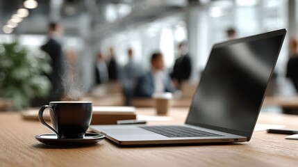 Modern business professional lifestyle scene in office with laptop and coffee inspiring work environment