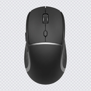 A sleek black wireless computer mouse with a modern ergonomic design, textured side grips, and a precision scroll wheel for enhanced productivity.