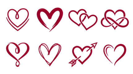 Red heart set including hand drawn, infinity, arrow, and double heart shapes isolated. Romantic love and valentine symbol collection.