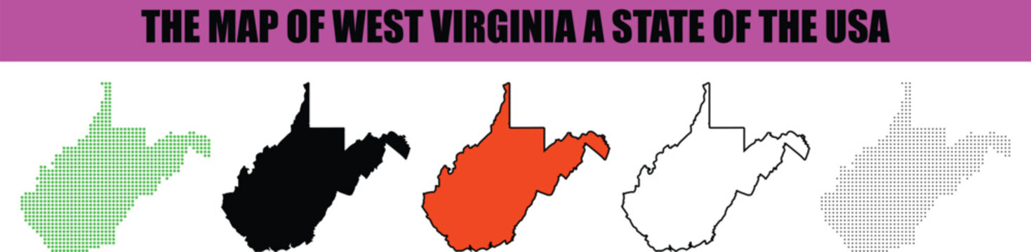 Silhouette, line art, dot, dotted, star art Detailed vector illustration set showcasing the geographical outline of West Virginia state in various distinctive styles perfect for educational resources 