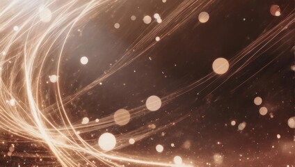 Swirling golden light streaks and bokeh dots on a warm brown background, abstract design