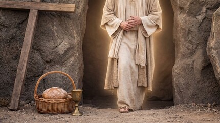 The Resurrection of Jesus: Jesus emerges from the tomb, surrounded by light. Easter morning, a concept of new life with a cross, bread, and a golden chalice of wine. God, Christianity, Orthodoxy.