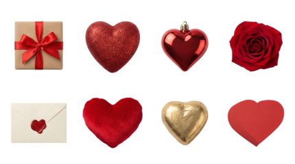Valentine's Day romantic element set including gift box, glitter heart, red rose, wax seal envelope, and golden chocolate isolated. Love and celebration collection.
