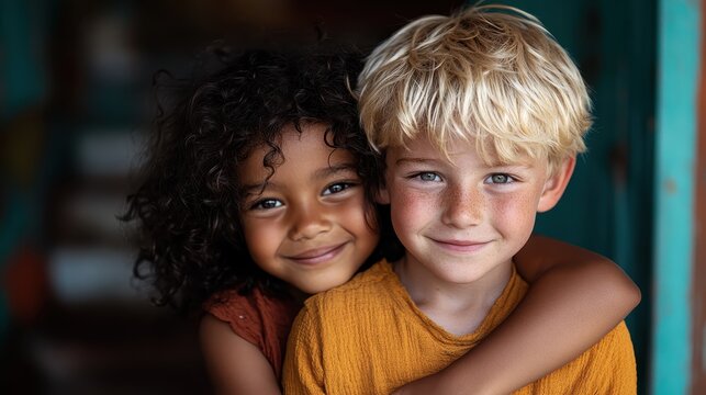 Two smiling children share a heartwarming embrace, radiating joy and innocence, perfectly capturing the bond of friendship and the happiness of childhood moments.