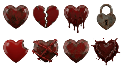 Red heart set including broken, melting, locked, bitten, and barbed wire variants isolated. Grungy and dark romance conceptual collection.