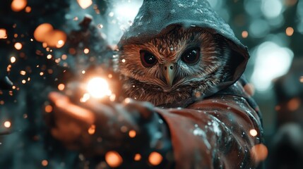 A captivating owl dressed in a mystical robe is casting a spell, surrounded by magical sparks and glowing light. This enchanting scene blends fantasy with nature's allure.