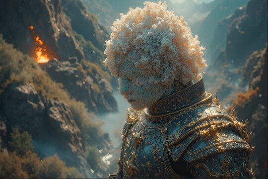 Surreal Knight with White Floral Blossom Head in Mountain Landscape

