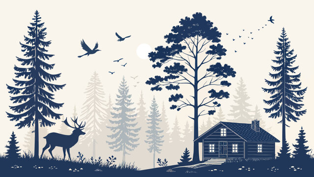 Serene forest cabin with deer and birds at dusk