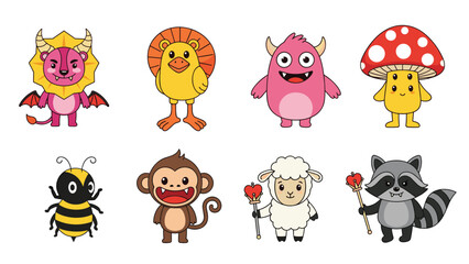 Fototapeta premium Colorful collection of imaginative and friendly monster characters including a lion dragon, monkey, and mushroom man.