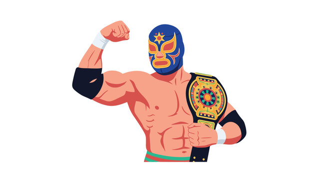 Muscular Mexican lucha libre wrestler wearing a blue and gold mask flexing his biceps and holding a championship belt.