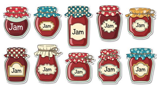 Assorted jars of delicious homemade fruit jam with decorative lids and labels in a variety of shapes and sizes.